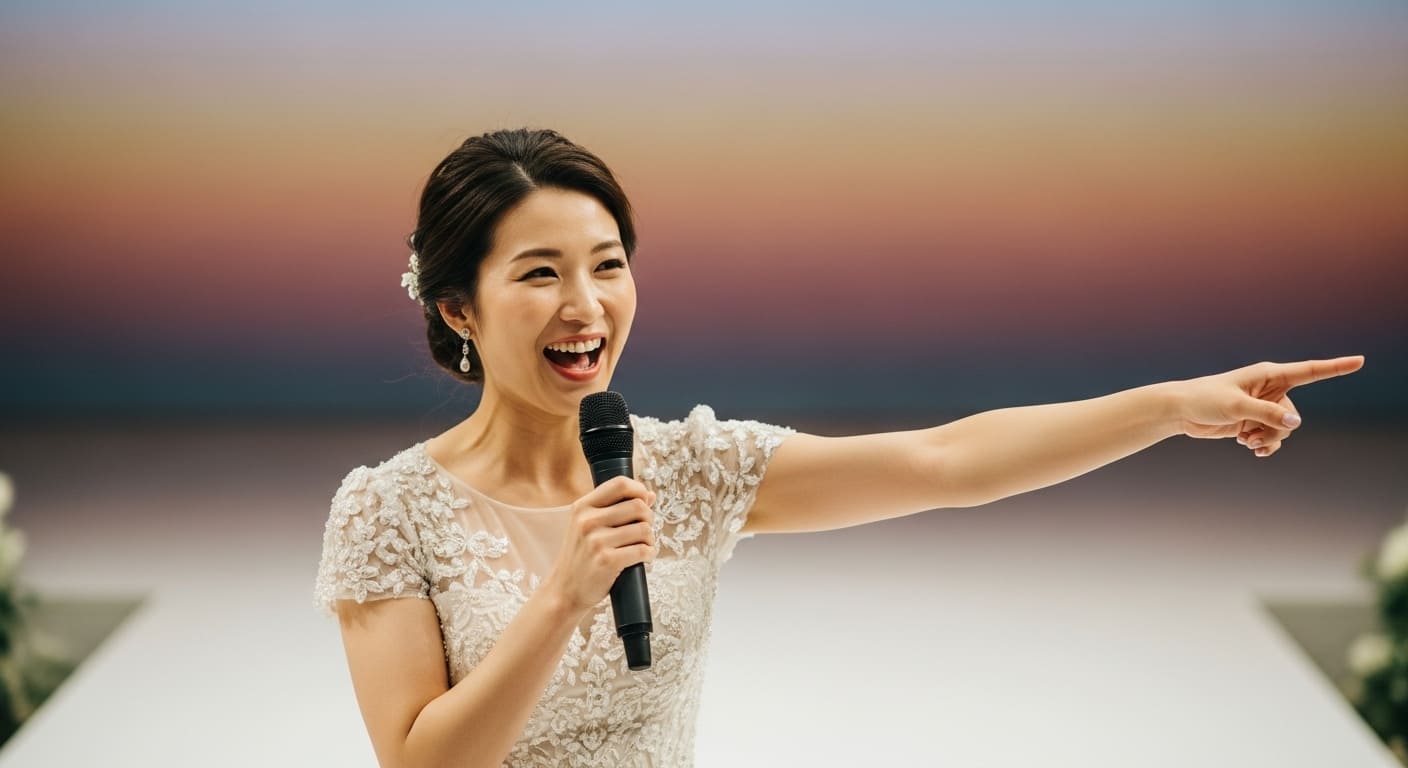 披露宴ステージで司会者が景品カード型ギフトを発表する胸から上のショット