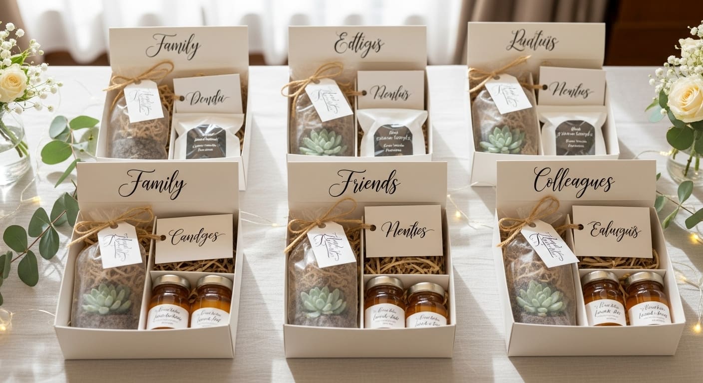 立場別に区分けされた結婚式の引き出物セット。親族用・友人用など、異なる品数やラッピングで整理された準備風景が見える。