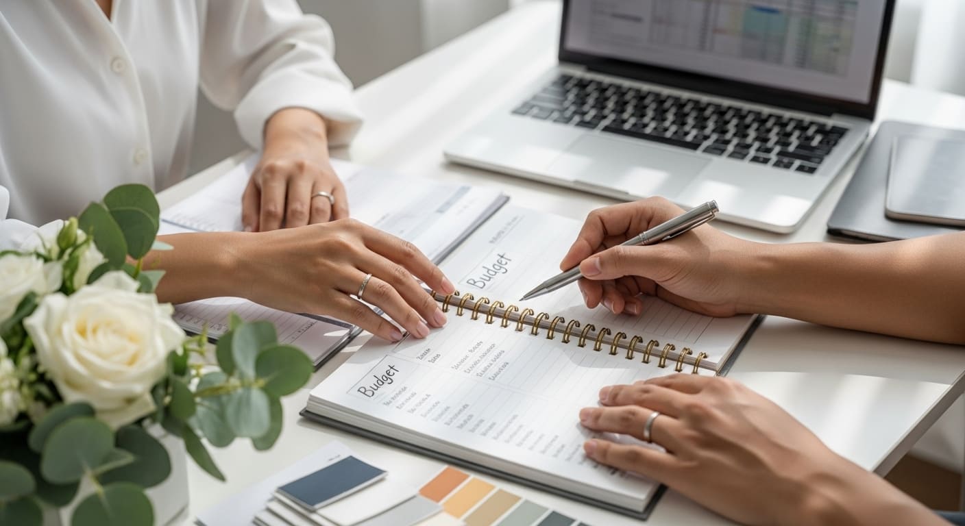 ブライダルカウンターで新婦がプランナーと予算表を確認する手元のクローズアップ