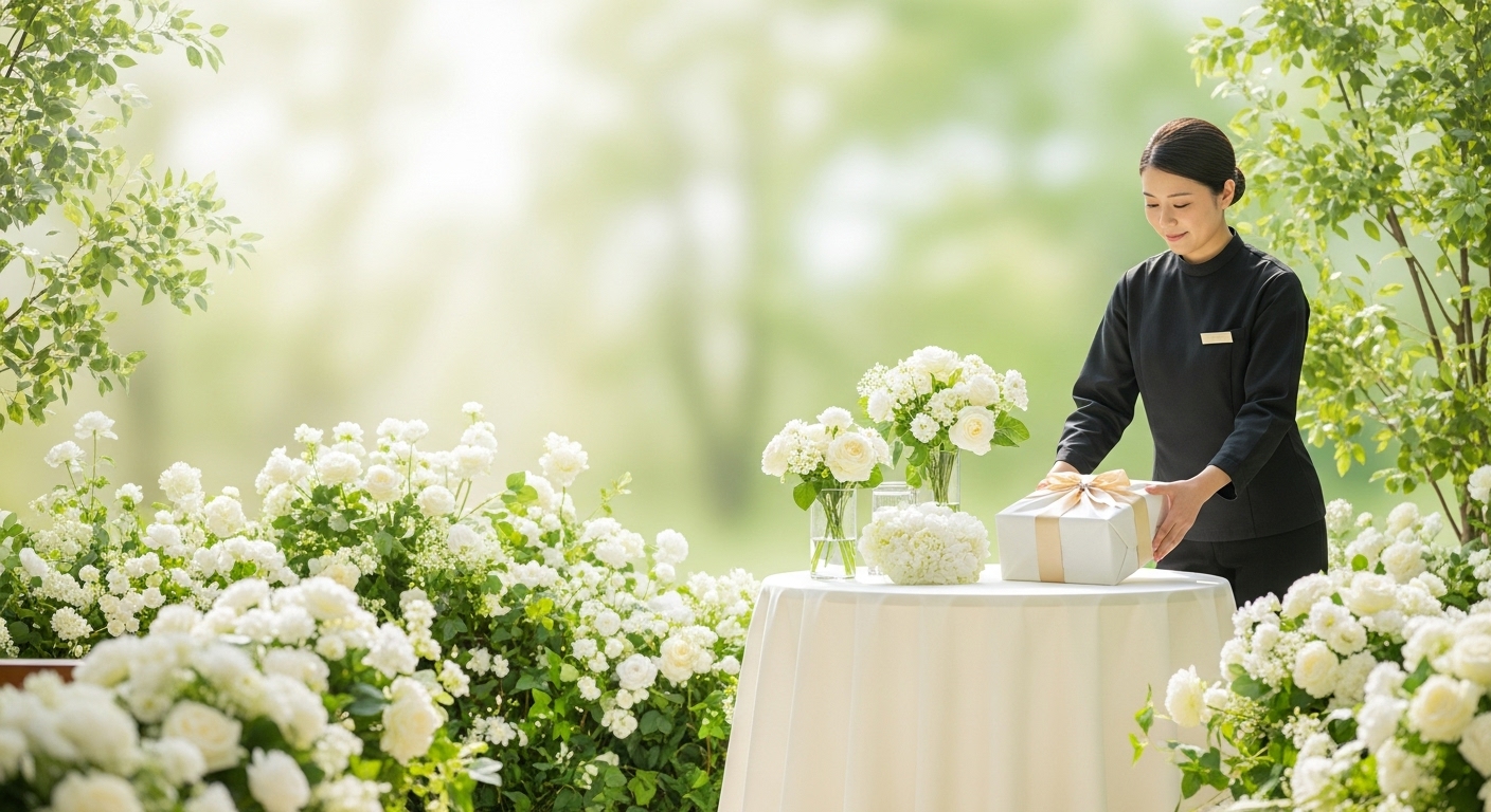 自宅玄関で配送されたギフトボックスを受け取る笑顔の女性