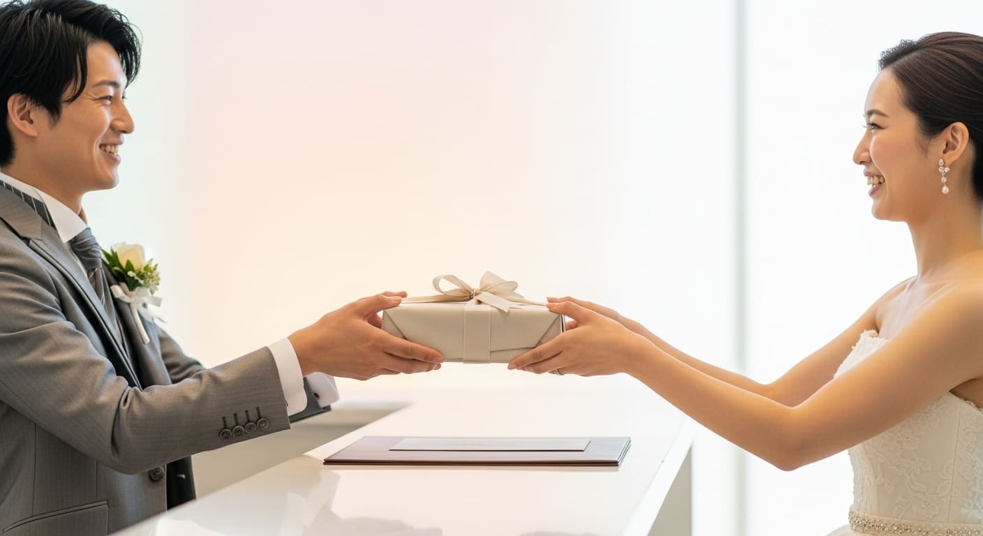 結婚式場受付でゲストがご祝儀を両手で渡す胸から上のショット