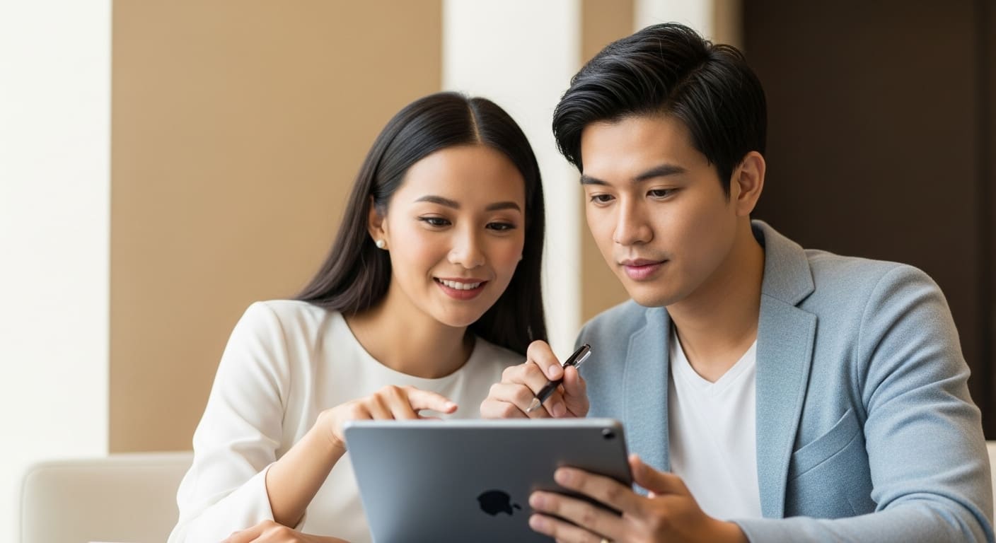 結婚式場ラウンジで新郎新婦がタブレットで情報を確認する胸から上のショット