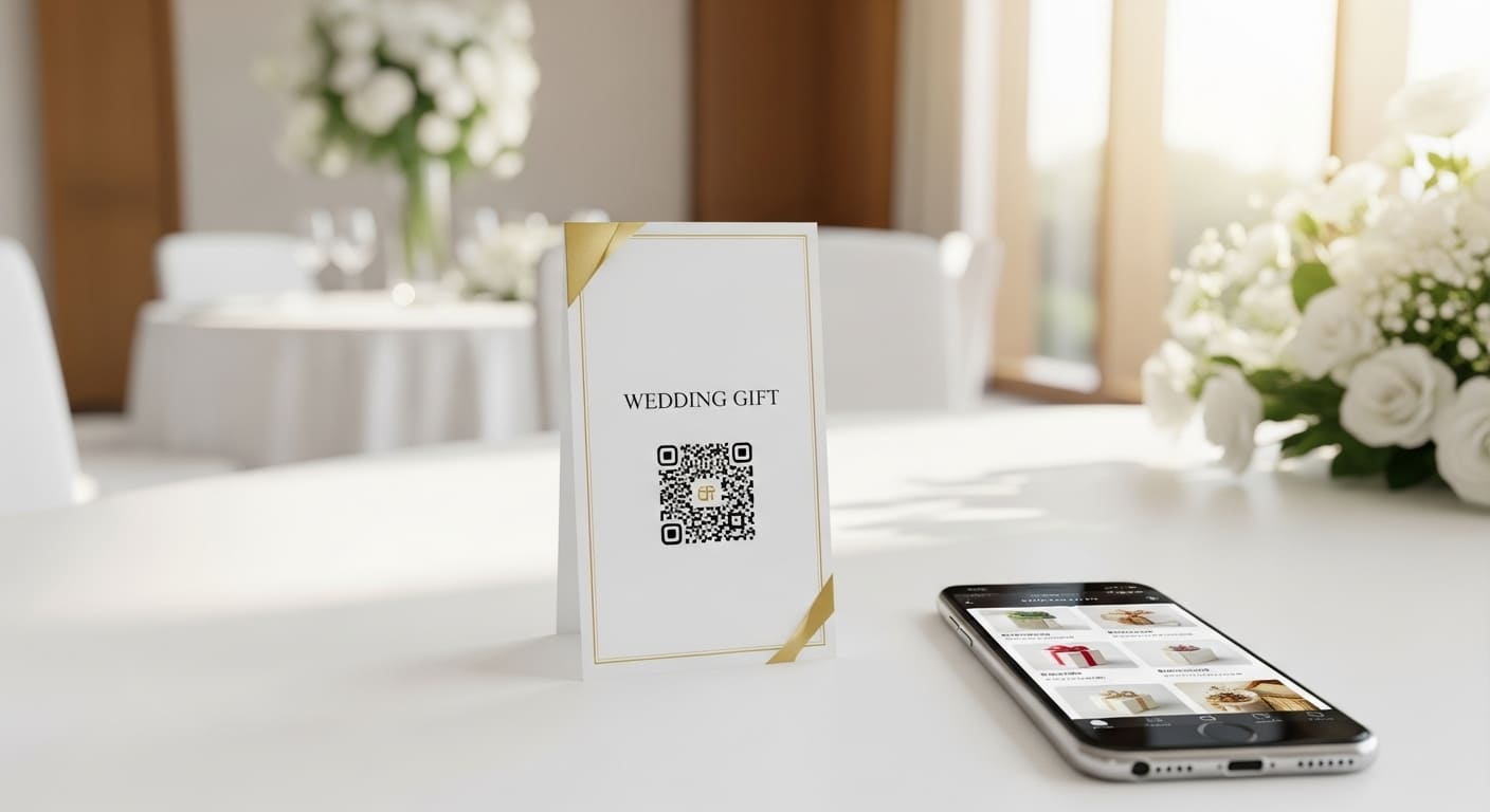 引き出物カードとQRコード、スマートフォンの選択画面が並ぶ現代的な引き出物システム。カード1枚でゲストが自由に選べる仕組みを視覚化。
