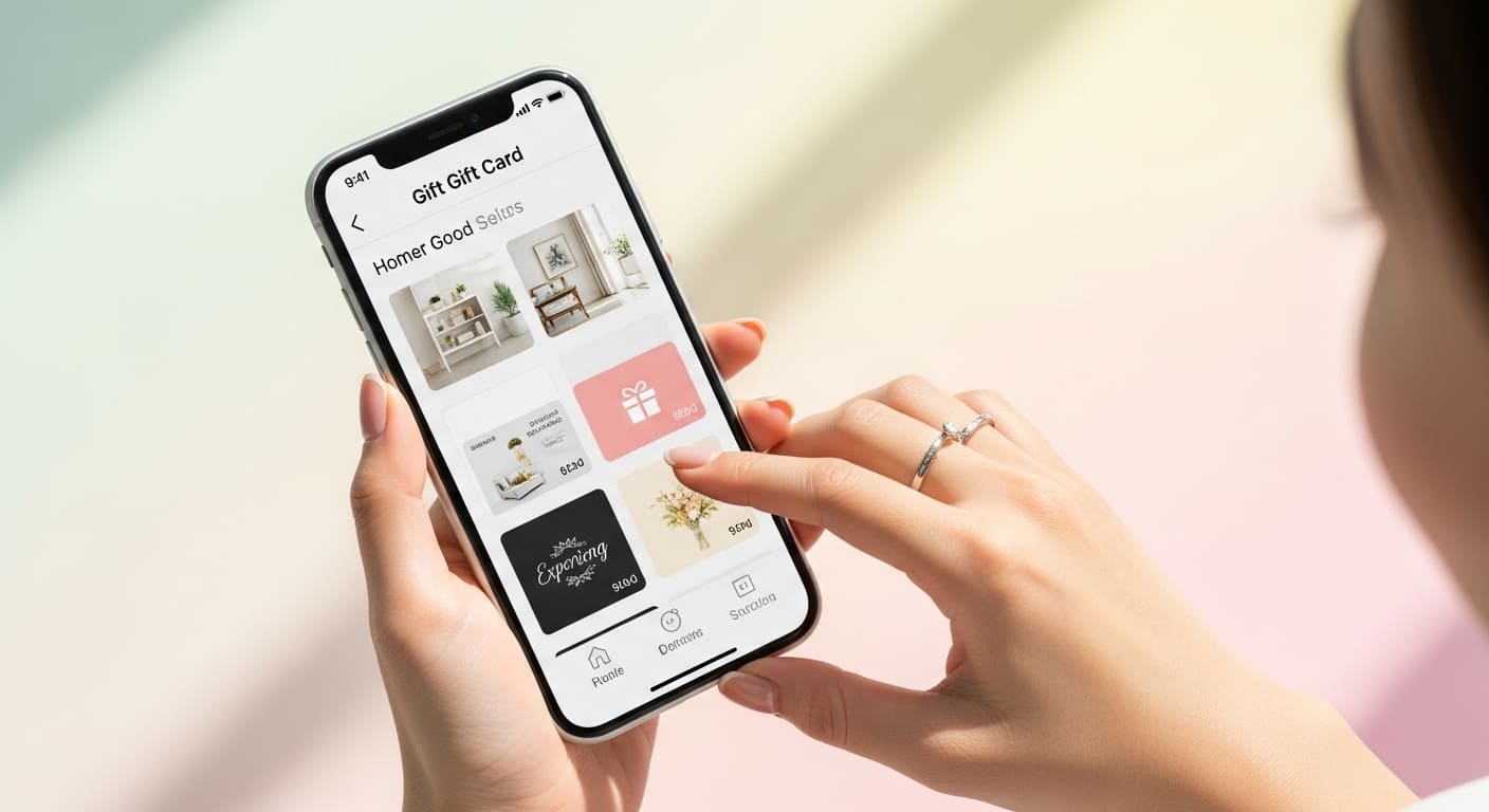 新婦がスマートフォンでカード型引き出物サービスを確認している手元のクローズアップ