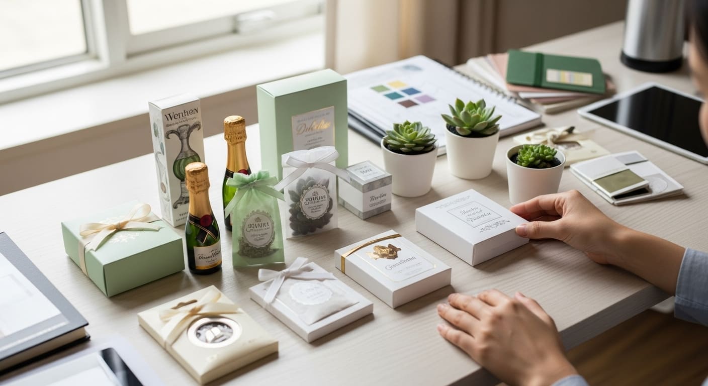 質の高い引き出物サンプルを検討している様子。高角度から見下ろした構図で選定作業が見える。