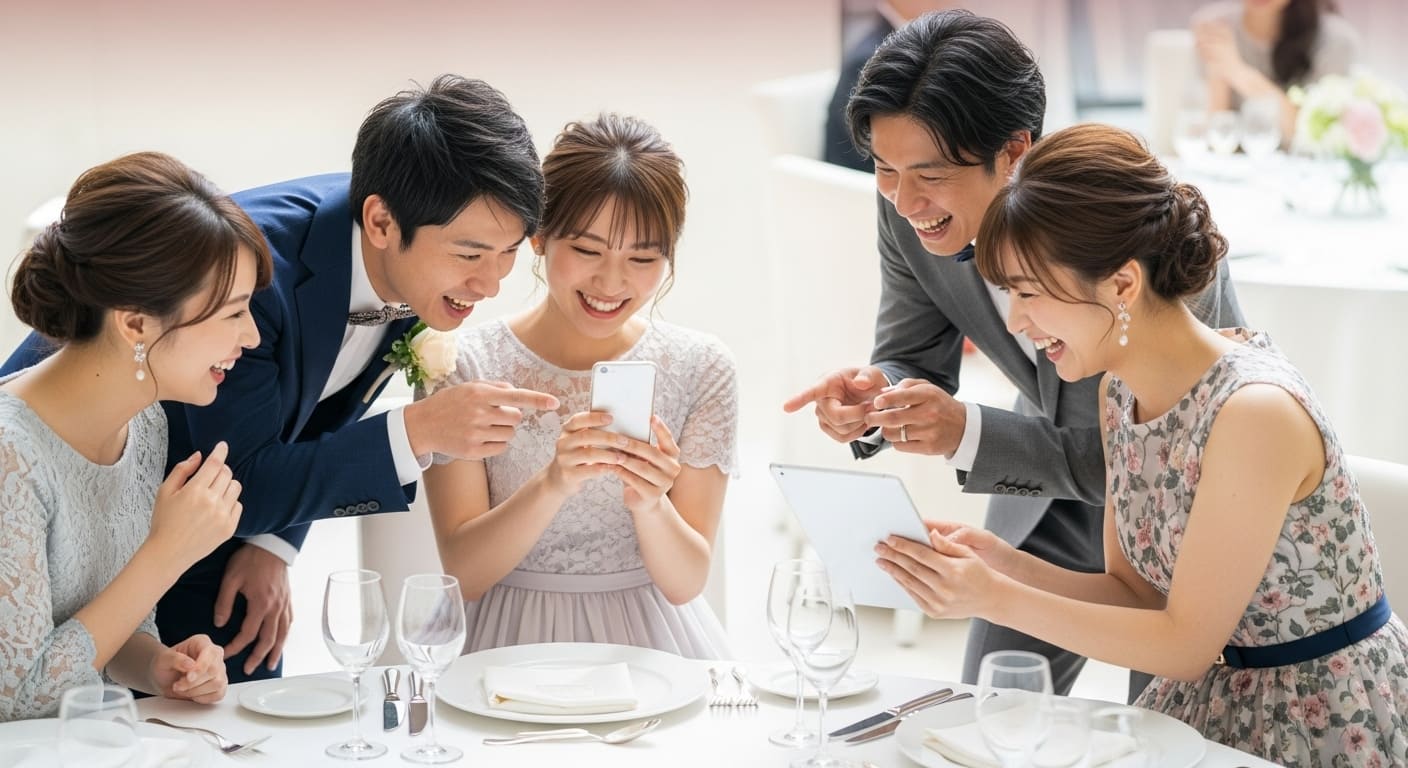 パーティー会場でゲスト同士が撮った写真を見せ合う様子を斜め上から撮影