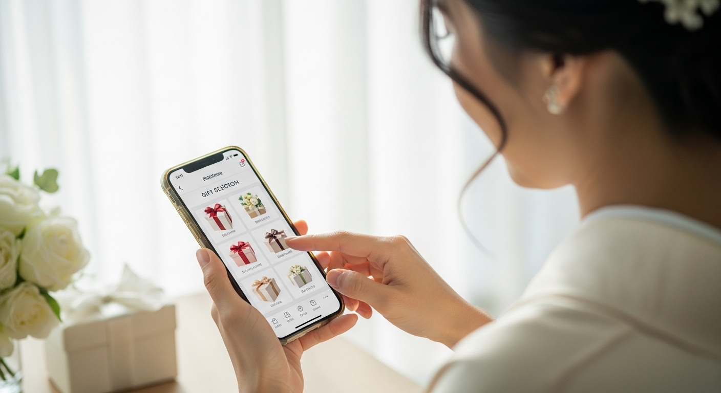 カフェでスマートフォンを使ってギフトを選ぶゲストの笑顔