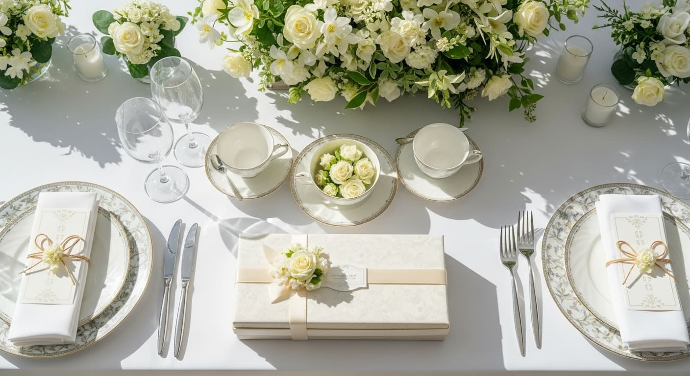 披露宴会場のゲストテーブルに並ぶ引き出物3点セット