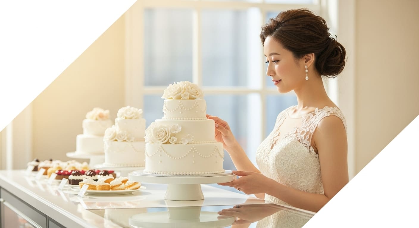 洋菓子ショップで一緒にバームクーヘンを選ぶ新郎新婦の後ろ姿