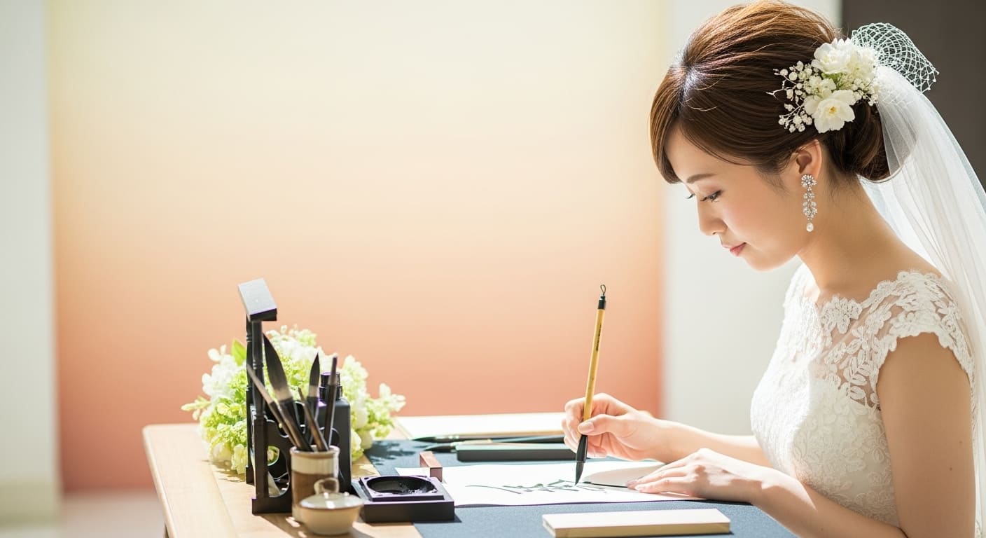 和装の新婦が筆で伝統的な文字を書く手元のクローズアップ
