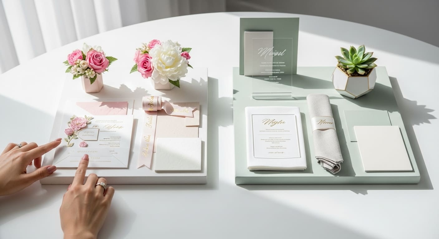 プランナーオフィスで新婦がギフトサンプルを比較検討する斜め上からの様子