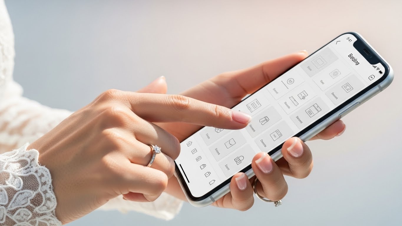 新婦がスマートフォンでカード型引き出物を選択している手元