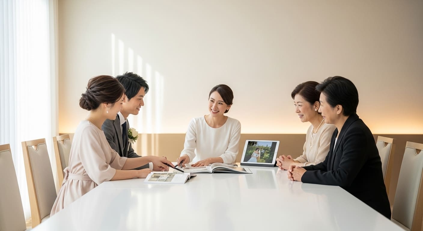 結婚式場相談室で両家の親族が地域習慣について話し合う全景