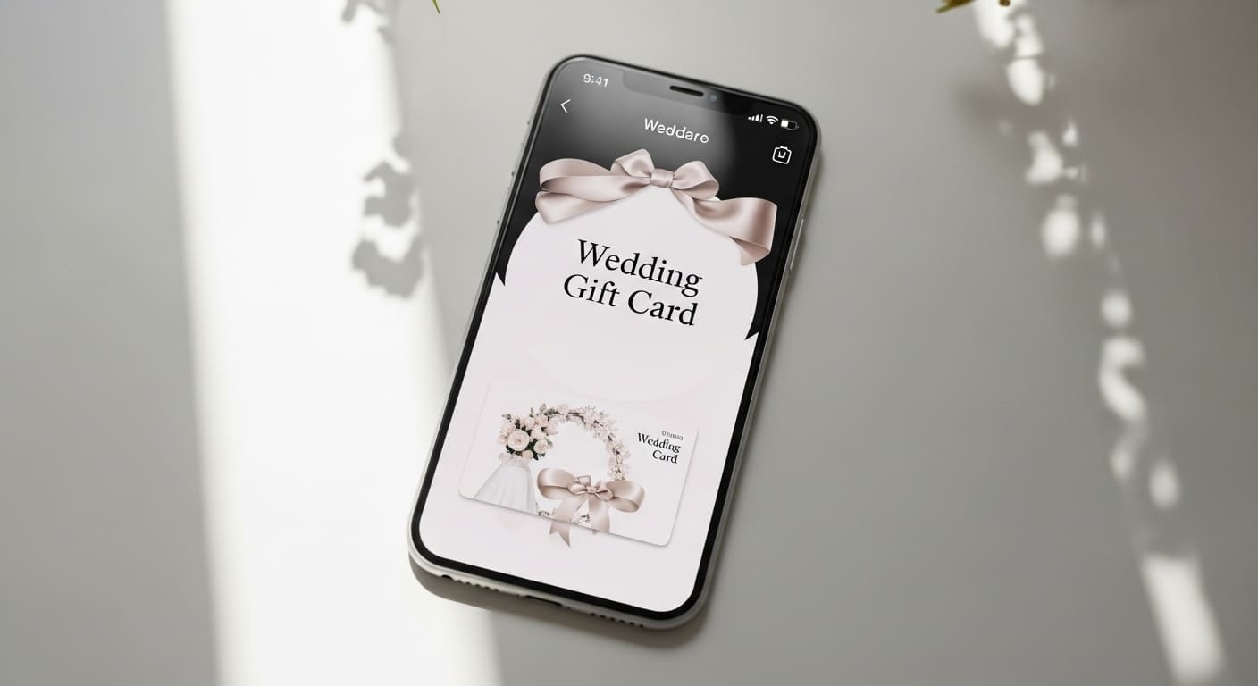 テーブルに置かれた引き出物カードとスマートフォンの真上からのクローズアップ、シンプルでおしゃれな構図