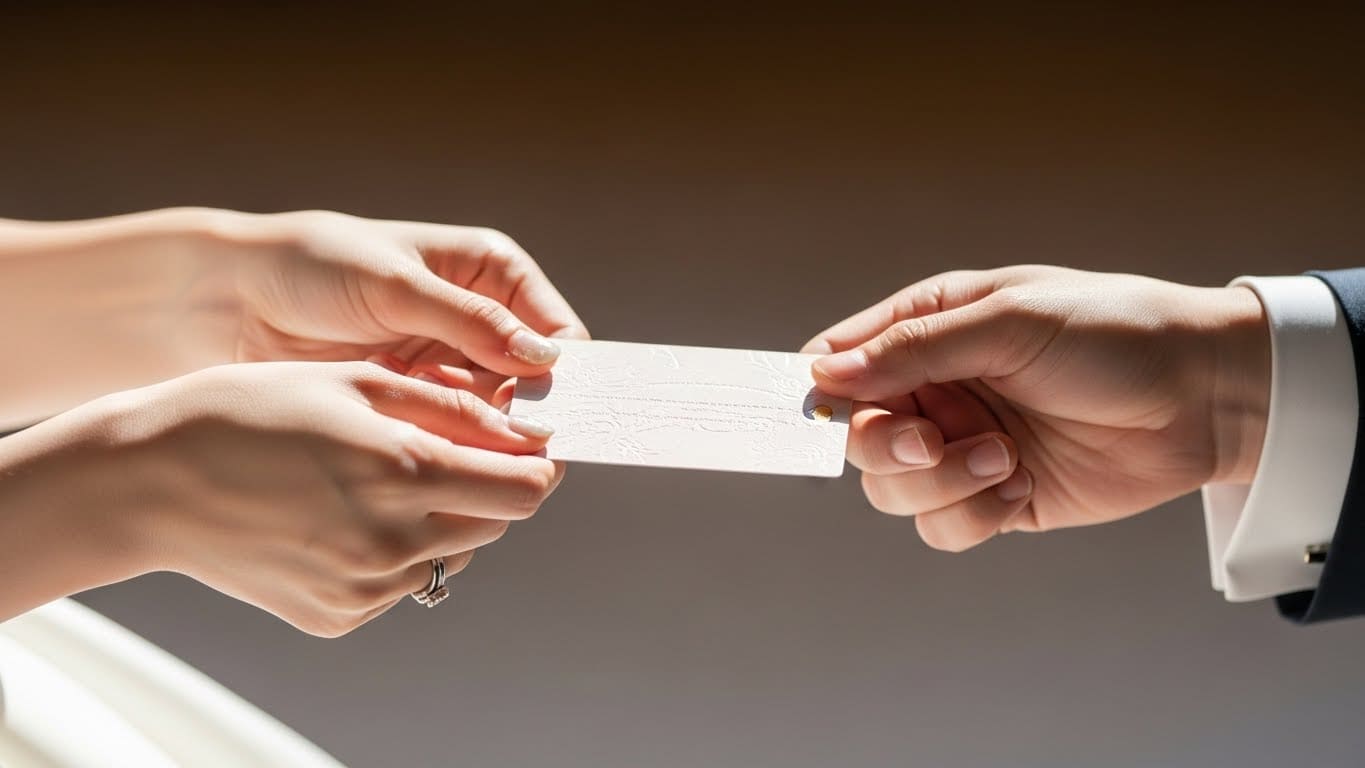 披露宴でゲストがカード型引き出物を受け取る手元のクローズアップ