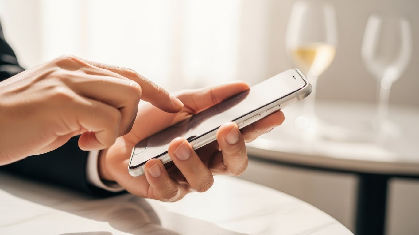 新婦がスマートフォンでカード型ギフトの商品を選んでいる手元のクローズアップ