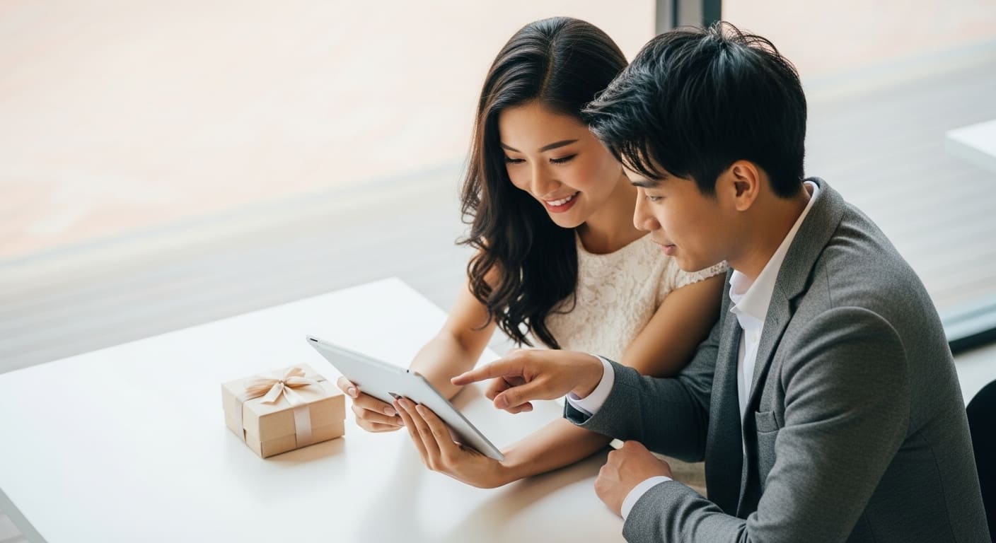 カフェで新郎新婦がタブレットで引き出物を選択する様子を高角度から撮影