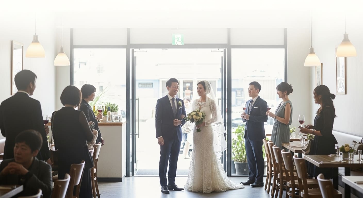 カジュアルなレストランウェディング会場入口で受付スタッフが迎える全景