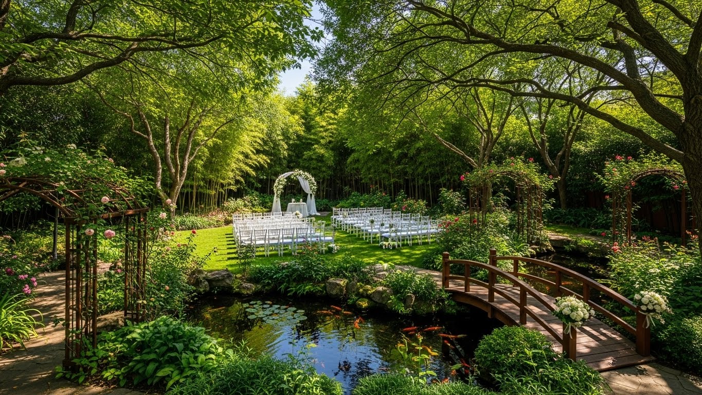 自然光が差し込む緑豊かなガーデンウェディング会場の風景