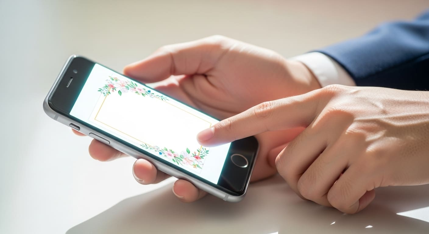 スマートフォンでKIZUNAカードをスキャンする新婦の手元