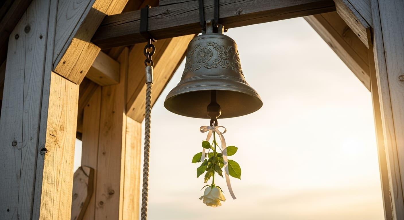 屋外ウェディングチャペル外観と青空を背景にしたウェディングベル