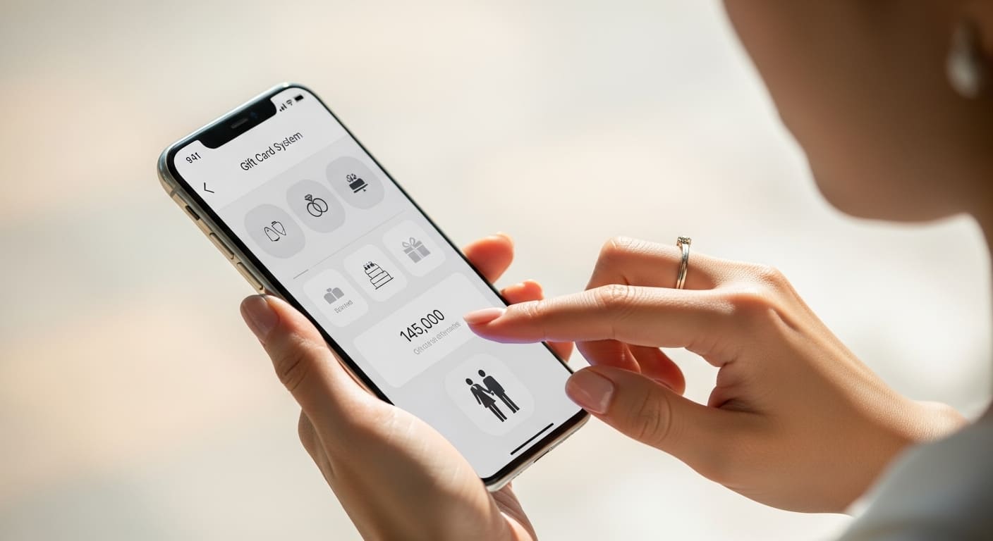 新婦がスマートフォンで引き出物カードシステムを操作する手元