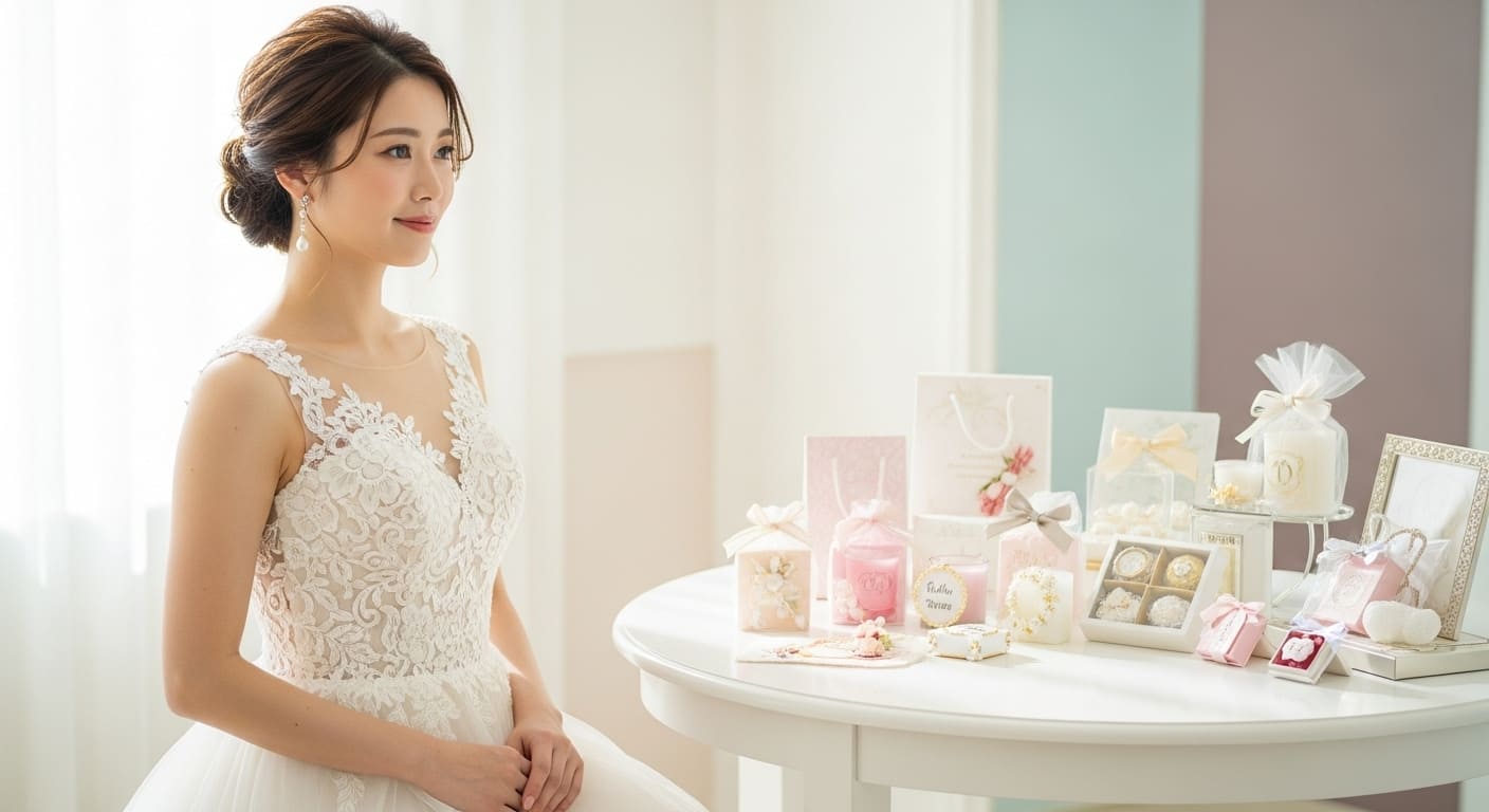 ブライダルフィッティングルームで新婦が引き出物を選んでいる様子