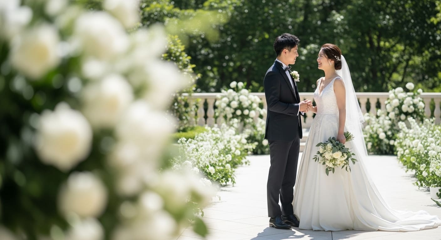 屋外ガーデンテラスで新郎新婦がリラックスして会話する目線の高さの全身ショット