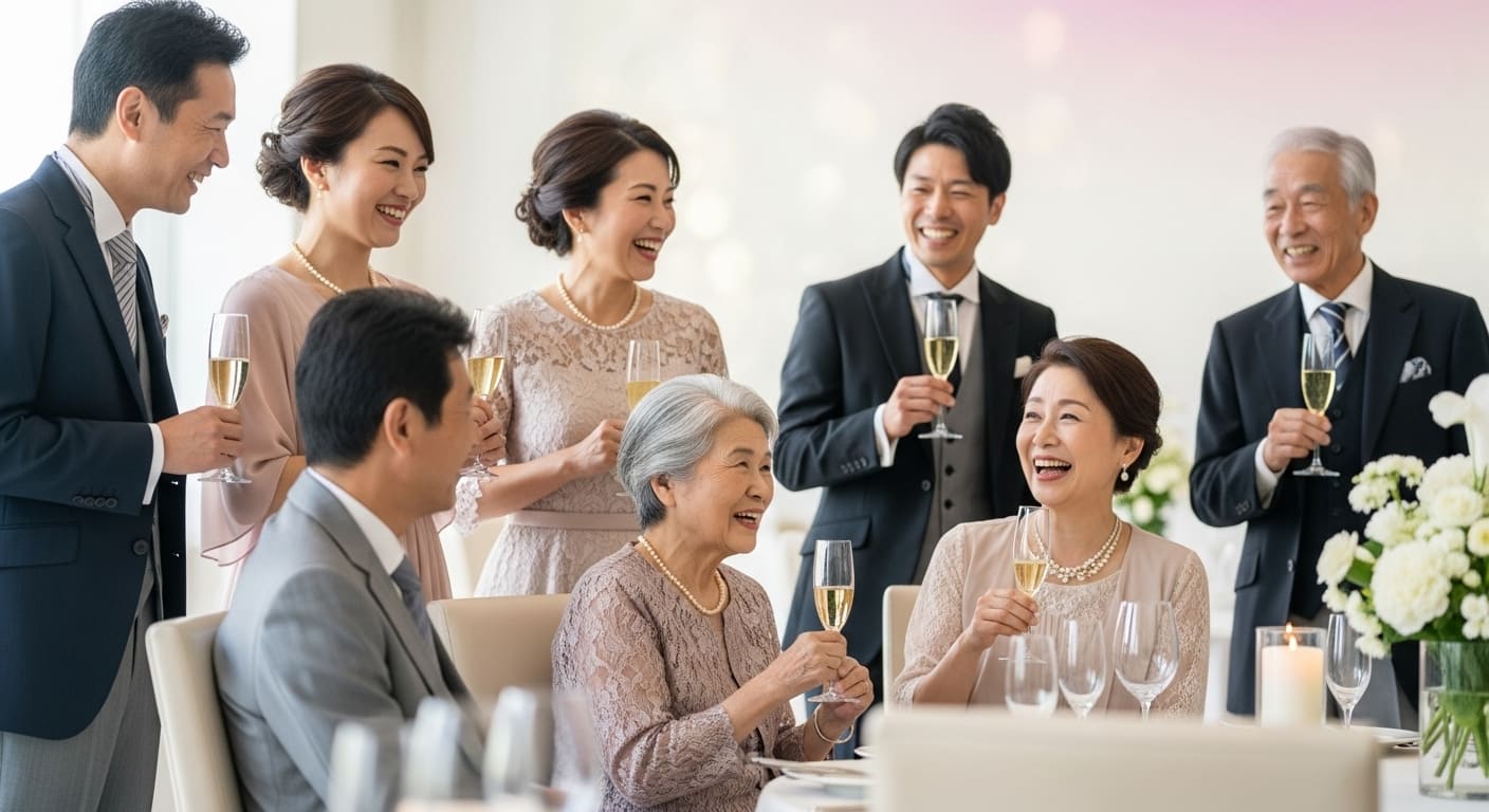 披露宴で世代を超えたゲストが楽しく歓談している場面