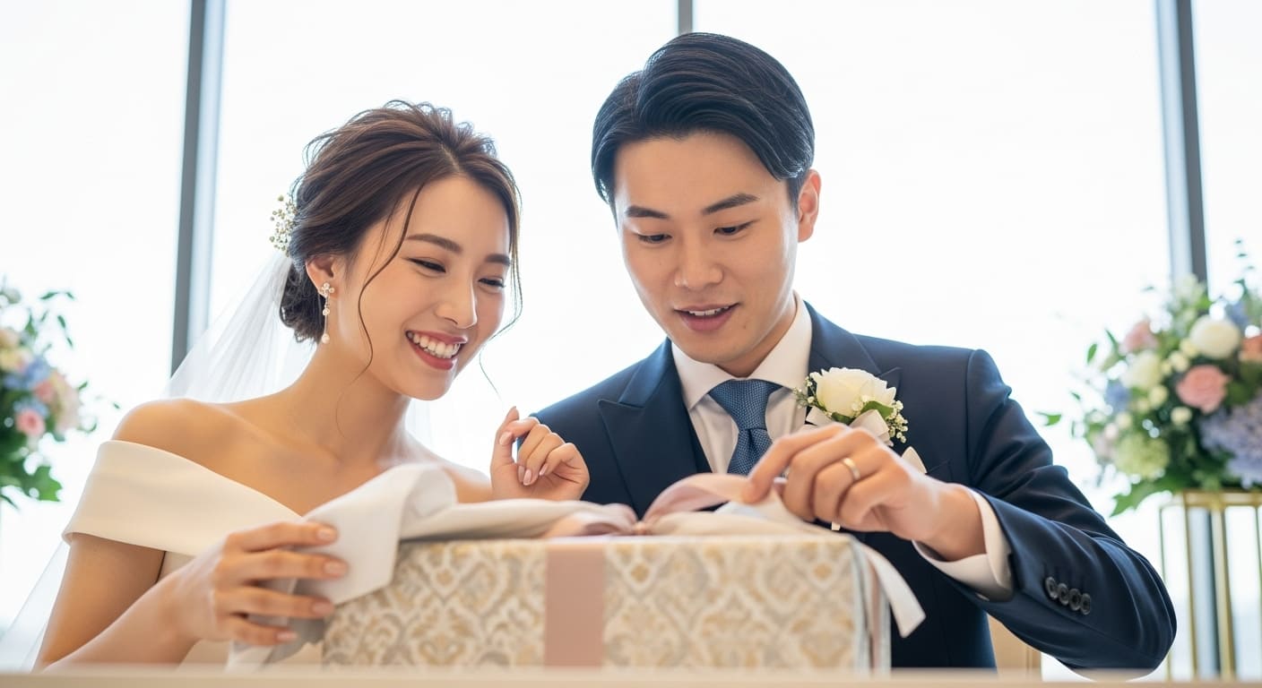 パーティー会場で引き出物ギフトを開封して喜ぶゲストの表情