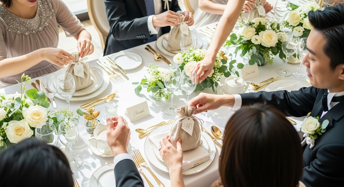 結婚式の引き出物を受け取るゲストの様子を斜め上から撮影。荷物の量や重さを配慮する場面が、品数決定時の注意点を表現している。