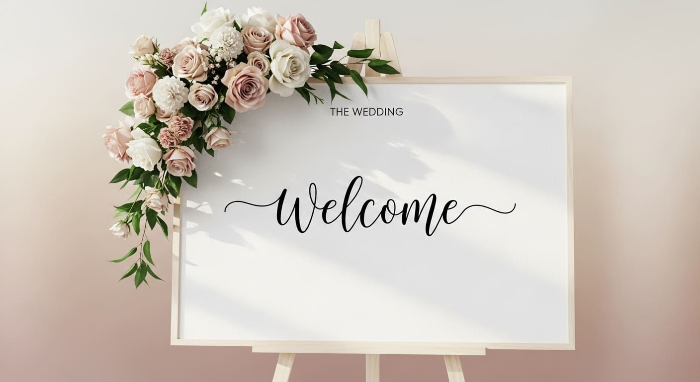 披露宴会場入口に設置されたウェルカムボードと装飾のある雰囲気