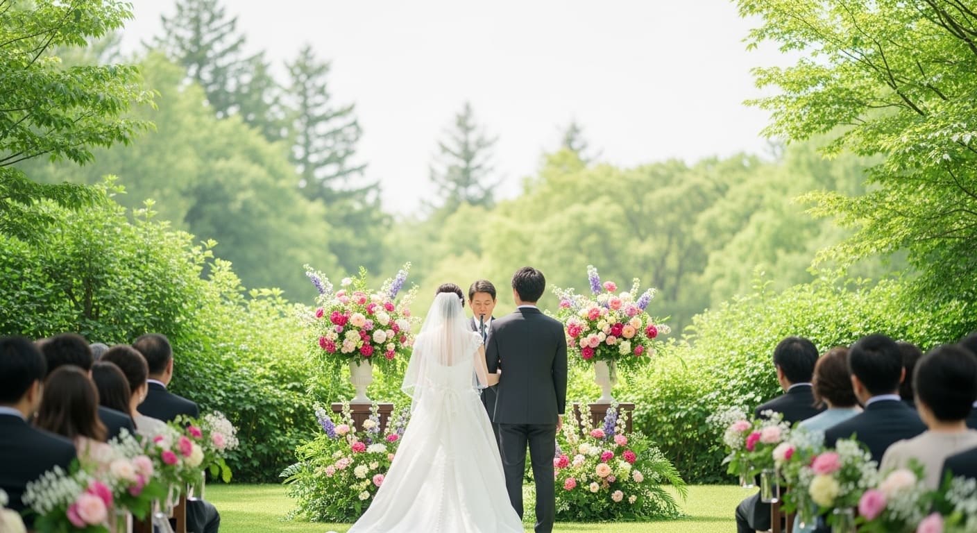 屋外ガーデンウェディングで新郎新婦が手をつないで歩く後ろ姿、明るい自然光と祝福の雰囲気