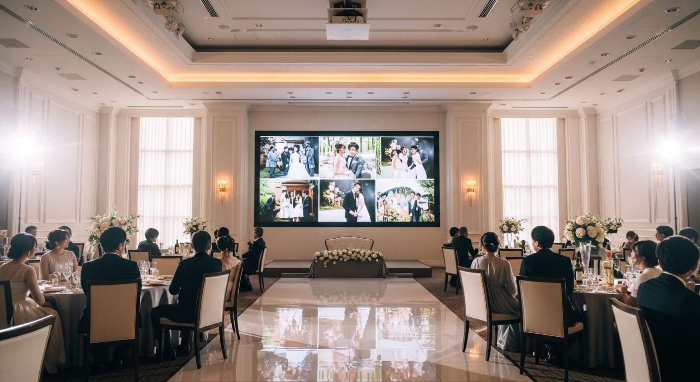 披露宴会場の大型スクリーンに投稿写真スライドショーが映し出される全景