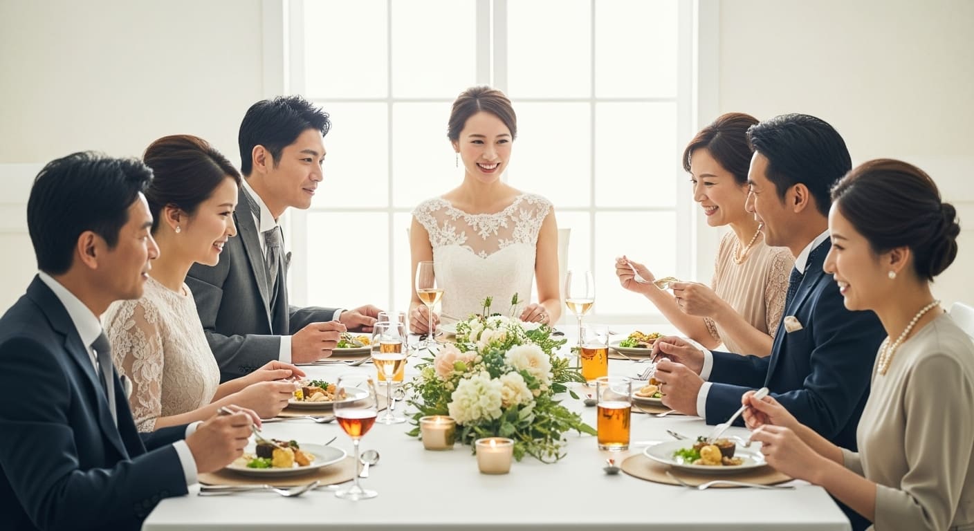 両家が集まって和やかに打ち合わせをしている会食の様子
