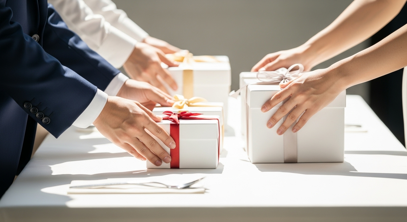 結婚式会場の屋外ガーデンでギフトを受け取る笑顔のゲスト