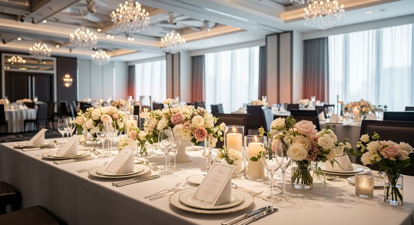 結婚式バンケットホールの美しく装飾された円卓が並ぶ全景