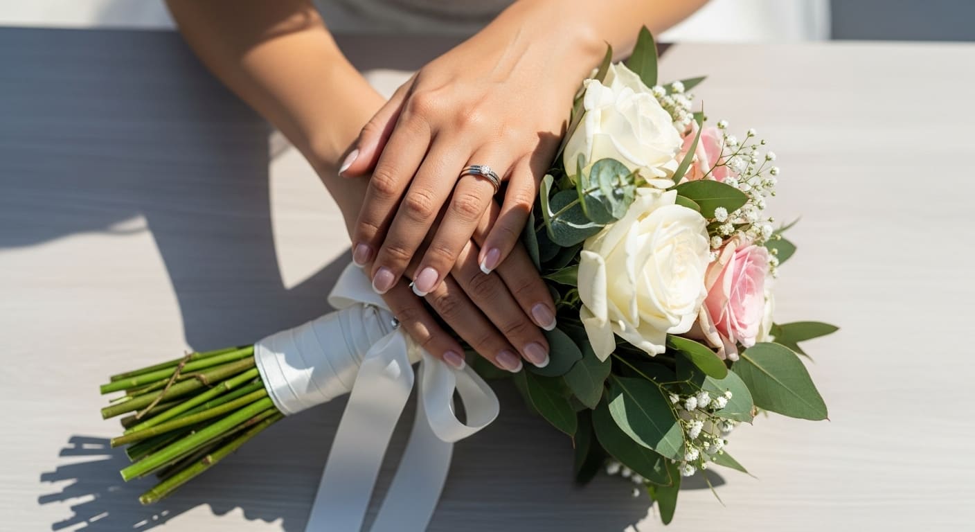 結婚式場エントランスに飾られた美しいウェディングブーケ