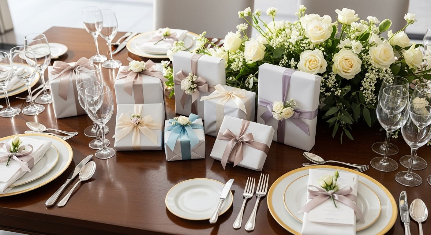 披露宴会場のゲストテーブルに美しく装飾された引き出物