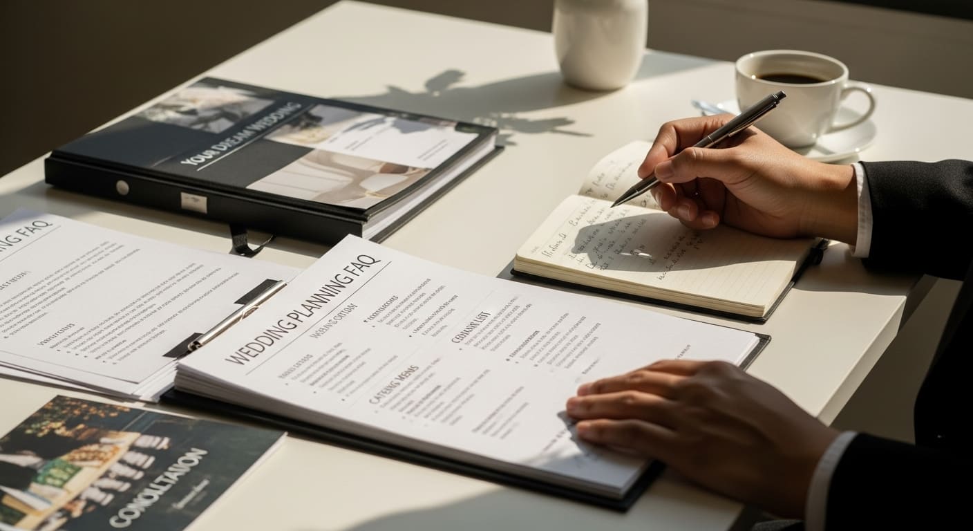 引き出物の疑問を解消するための資料を確認している手元のクローズアップ。質問リストが見える。