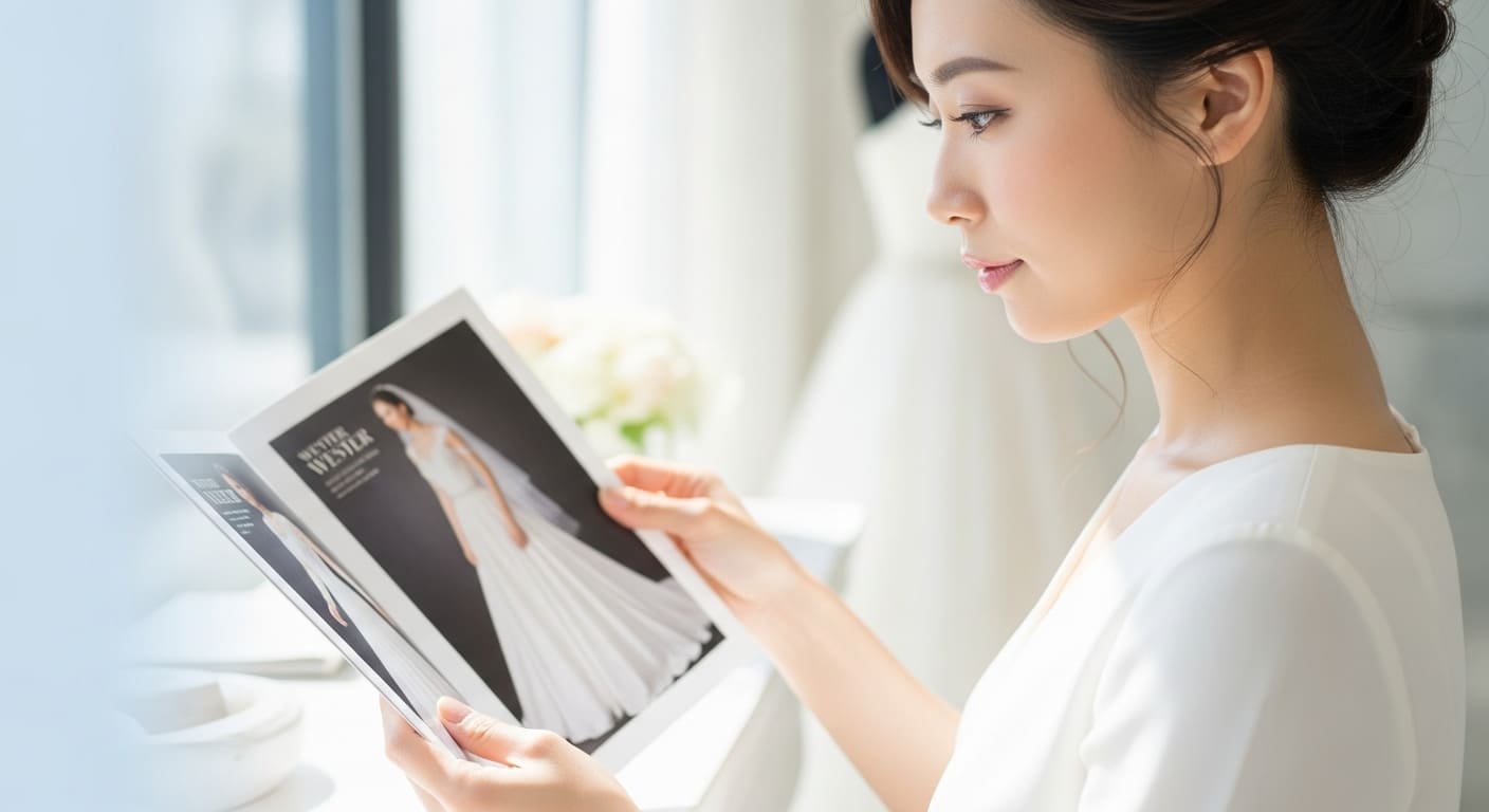 ブライダルサロンで引き出物カタログを眺める新婦の優しい手元