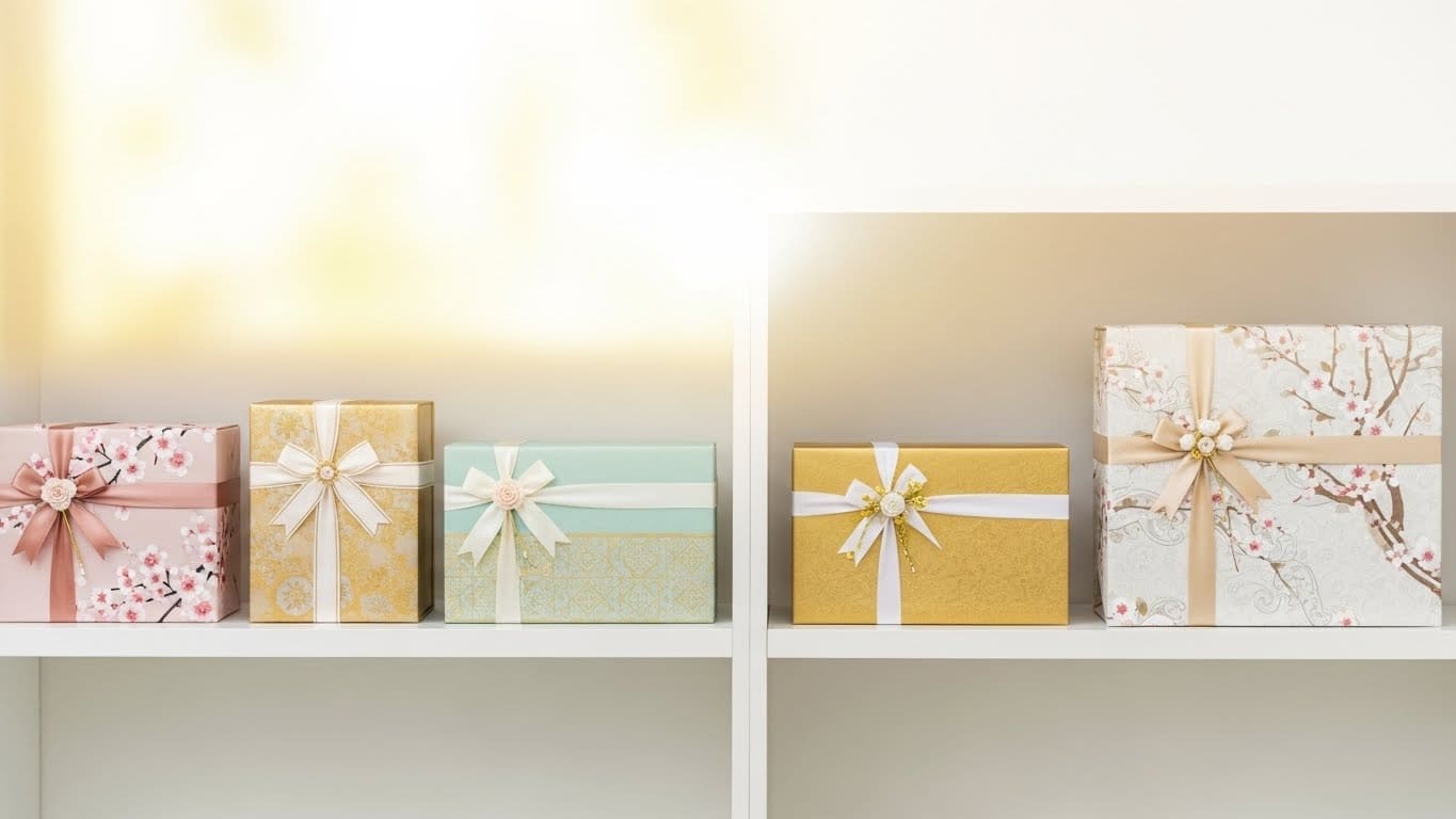 直射日光を避けた涼しい室内で保管された引き出物の箱