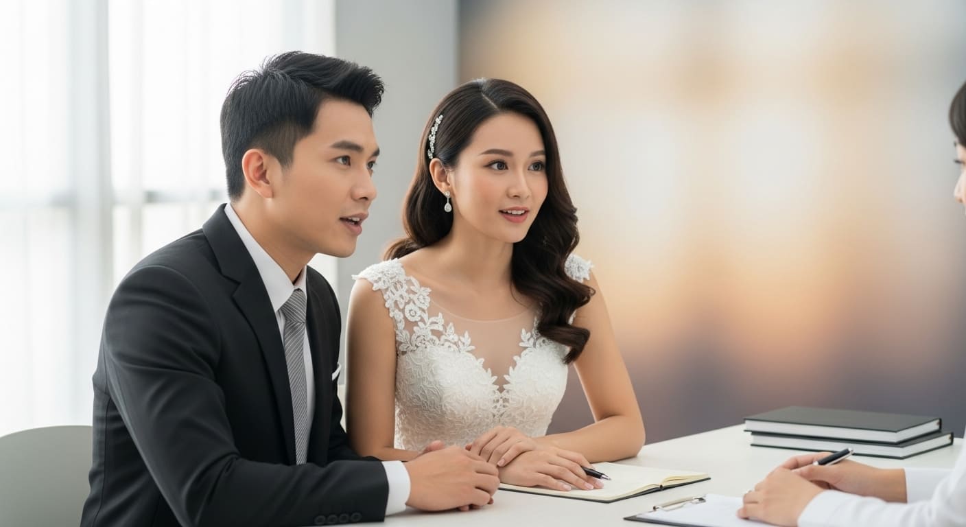 プランナーオフィスで新郎新婦が質問している様子を斜め上から撮影