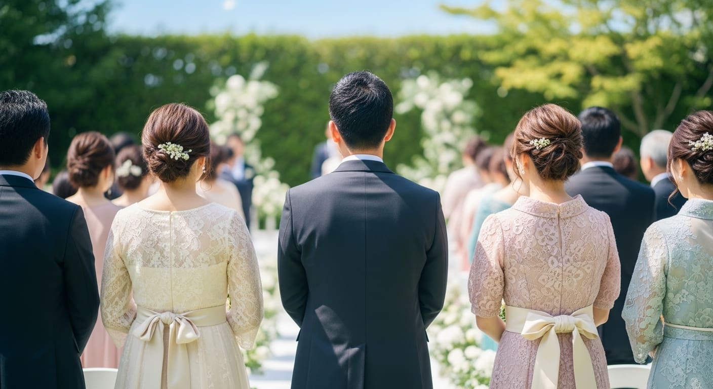 屋外ガーデンで新郎新婦とゲストが一緒に記念撮影する後ろ姿