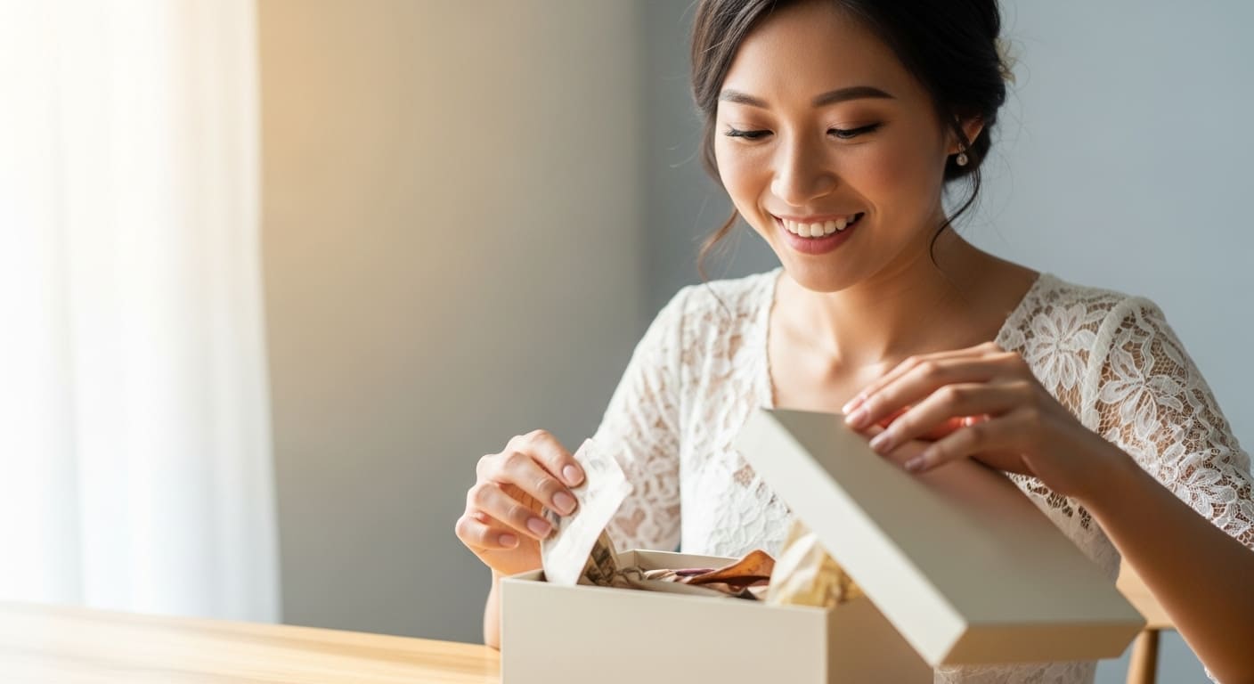 自宅で引き出物の縁起物を開封して喜ぶゲスト