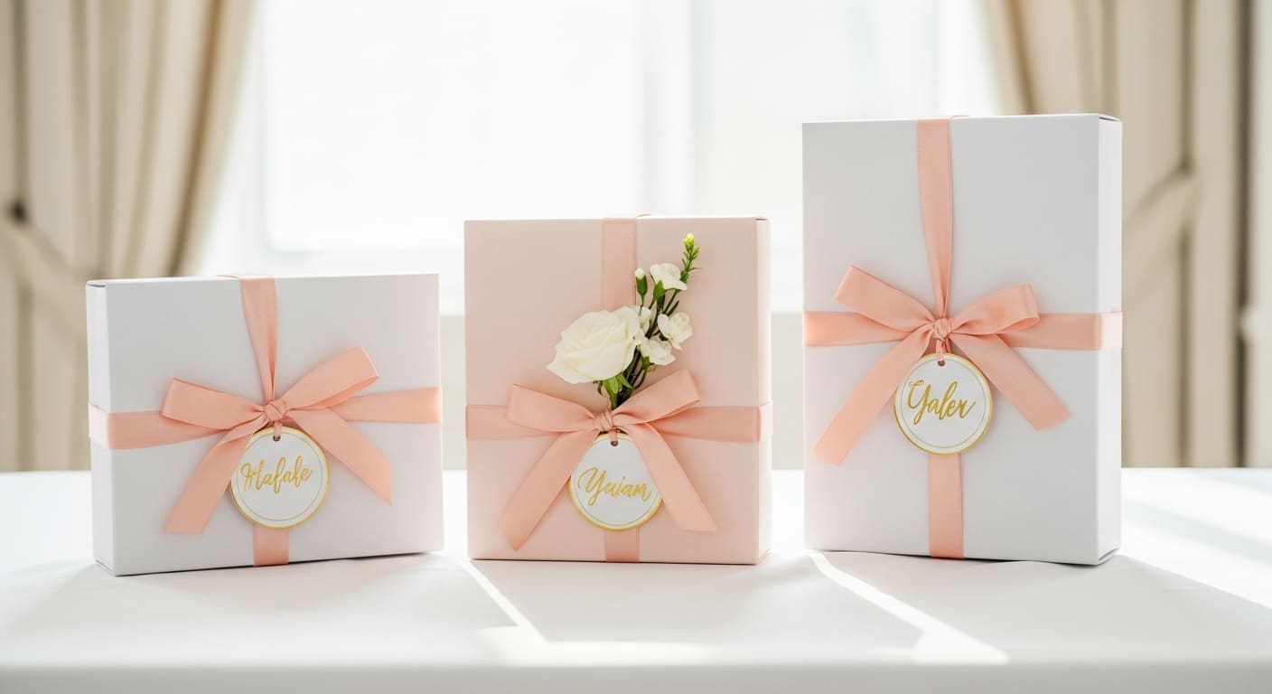 ブライダルフェア会場に展示された引き出物ギフトサンプル、斜めからの構図でおしゃれに並ぶ複数のアイテム