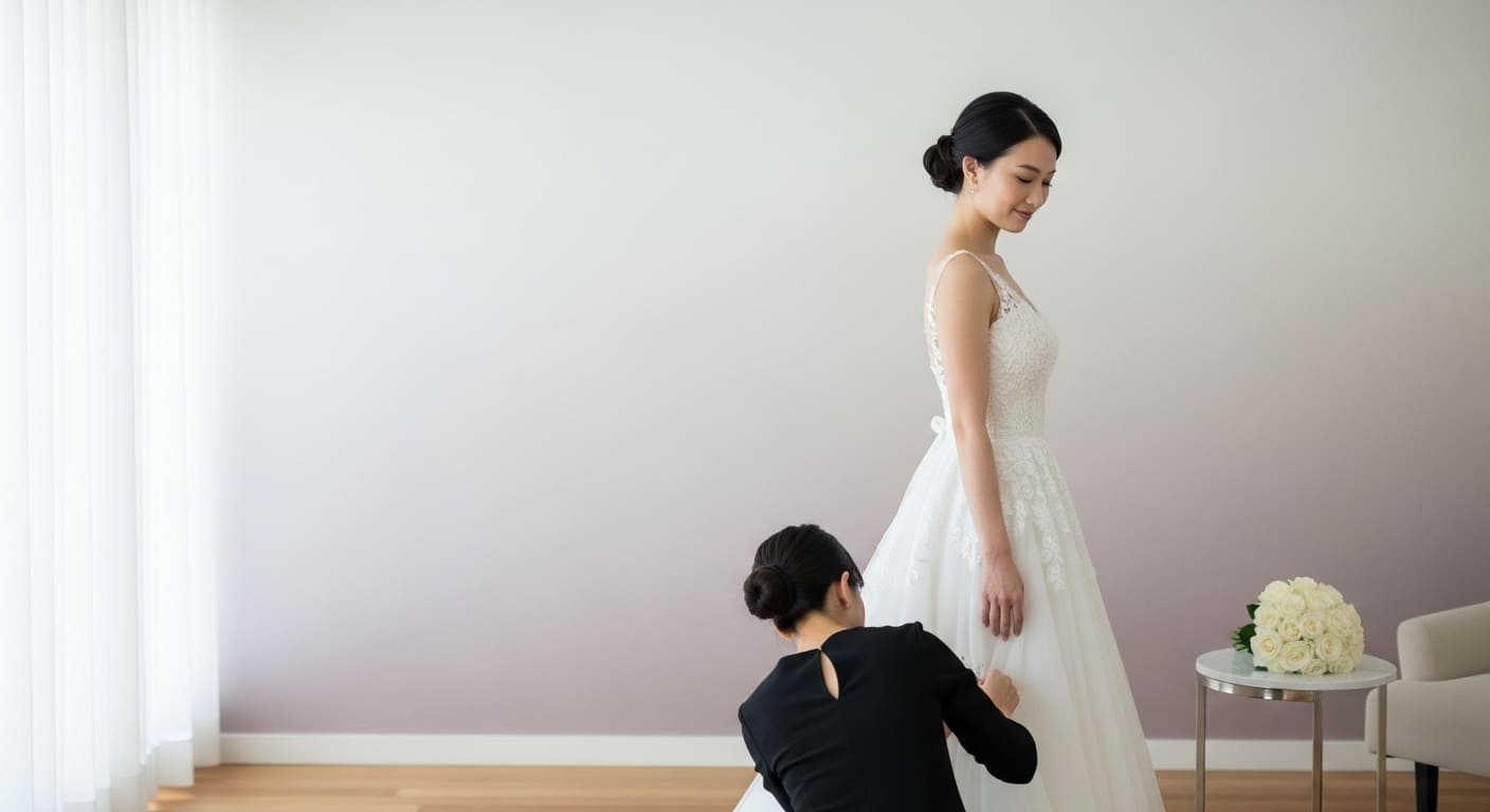 ブライダルフィッティングルームで新郎新婦が結婚式の準備を進めている様子