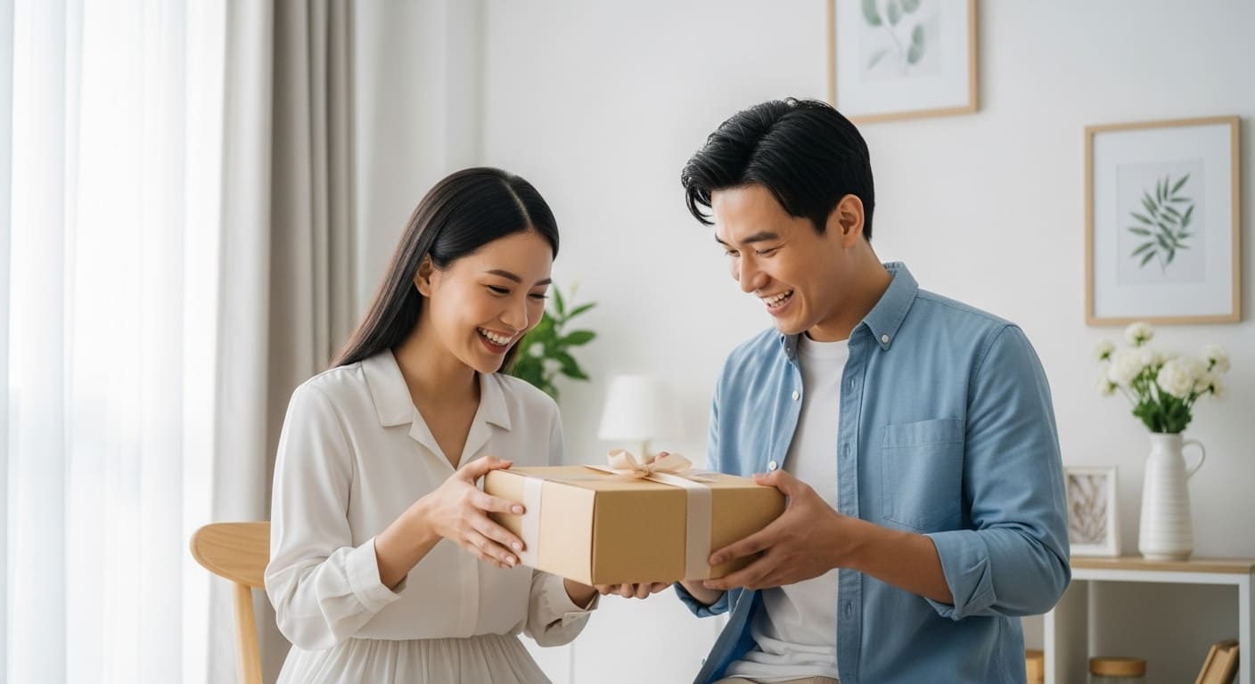 自宅で届いた引菓子を開封して笑顔で喜ぶゲストの姿