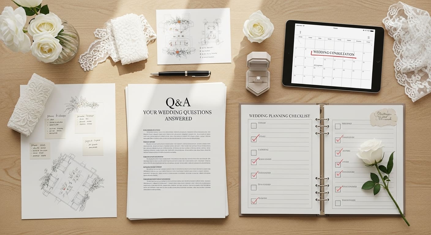 結婚式引き出物のFAQをまとめた資料と相談リスト。奇数ルール、立場別、カード型など、品数に関する質問が整理されている。