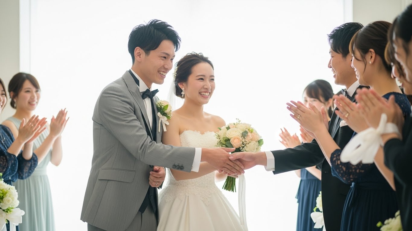 披露宴後のお見送りで新郎新婦がゲストと笑顔で握手する場面